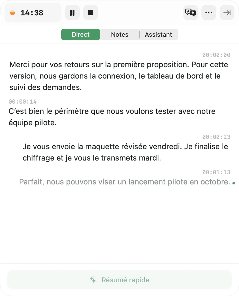 Enregistrement et transcription en direct dans VoiceOvya